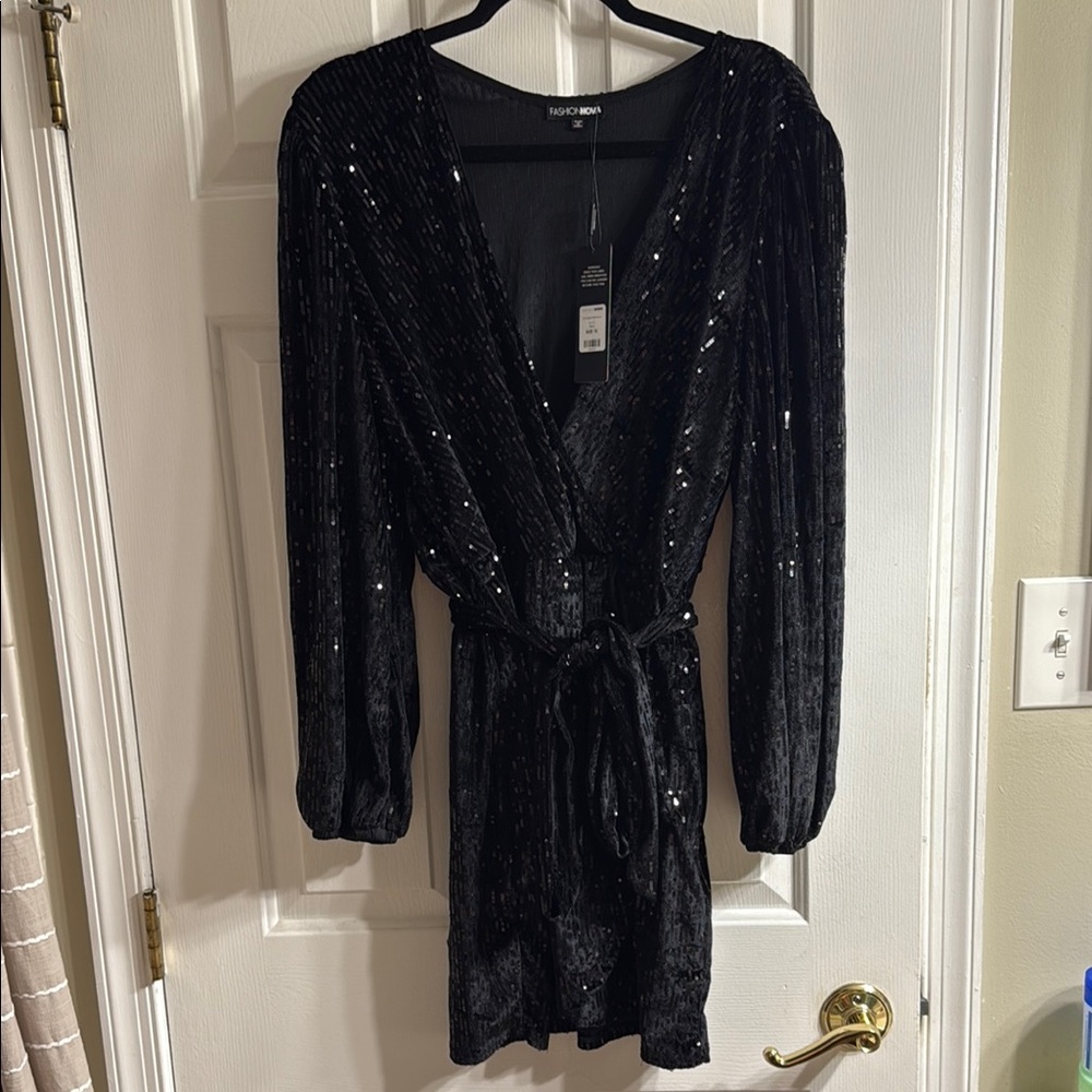 Black Sequin Long Sleeve Dress
